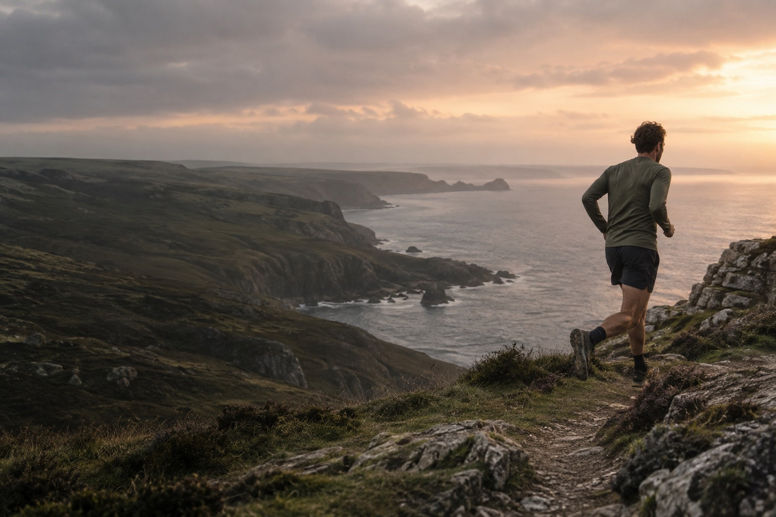 Runner on a rugged coastal trail at dawn